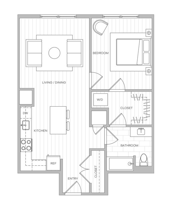 A floor plan of a house with a kitchen, living room, and bathroom.