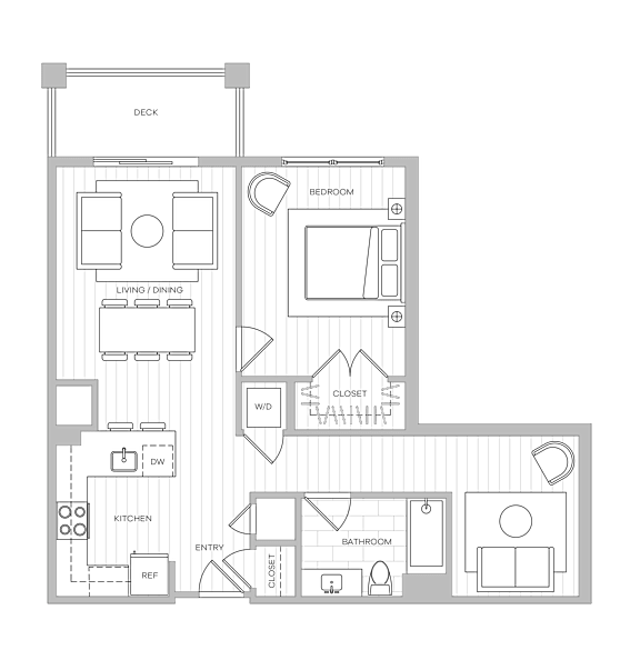 A floor plan of a house with a deck and multiple rooms.