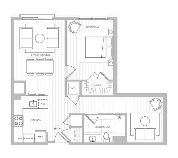 A floor plan of a house with a kitchen, living room, and bathroom.