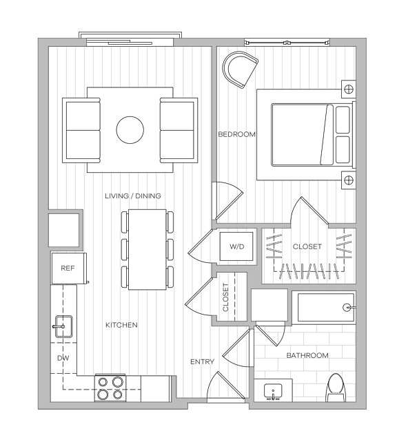 One-bedroom, one-bath layout with open-concept kitchen and living area, bedroom closet off the living space, and a dedicated laundry closet.