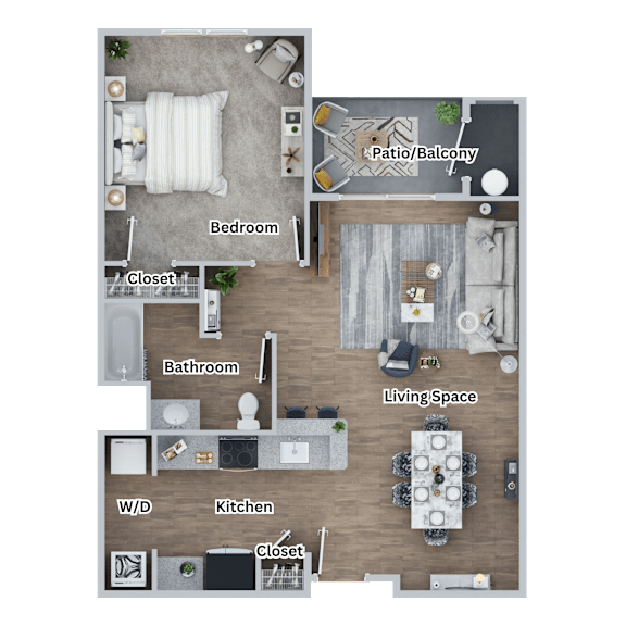 A floor plan of a house showing a bedroom, bathroom, living space, kitchen, and a patio/balcony.