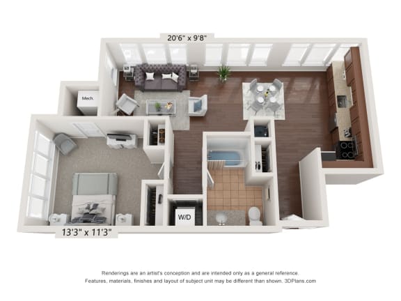 a floor plan of the 1x1 Park Row West providence