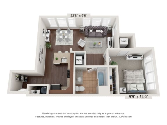 a floor plan of the 1x1 Park Row West providence