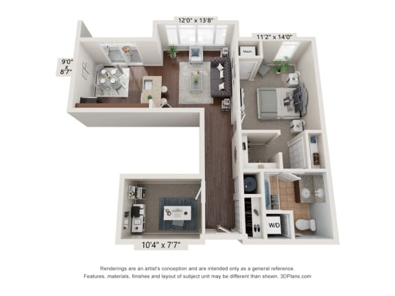 a floor plan of the 1x1 Den Park Row West providence