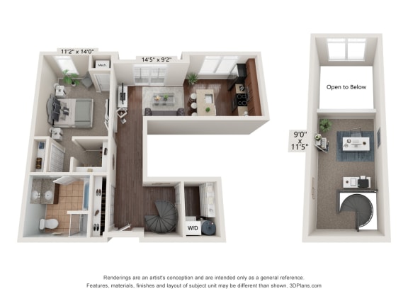 a floor plan of the 1x1 Loft Park Row West providence