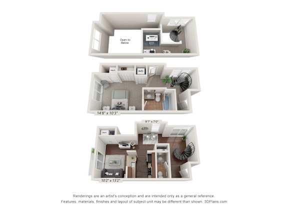 A 3D floor plan of a small apartment with a kitchen, living room, and bedroom.
