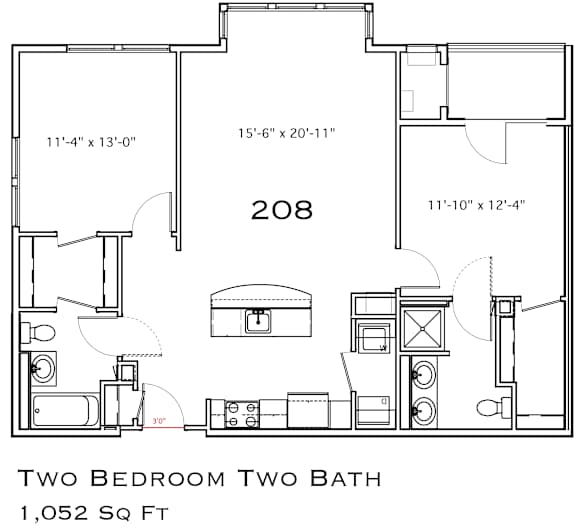 A floor plan for a 208 square foot two bedroom two bath home.