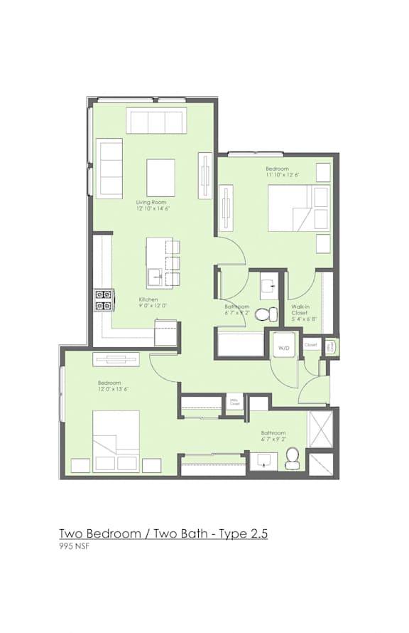 the floor plan of two bedrooms and two baths