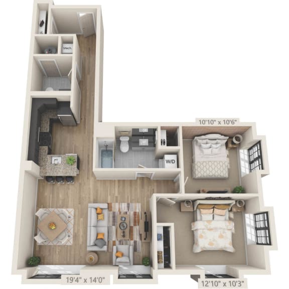 a 2 bed 1.5 bathroom floor plan image