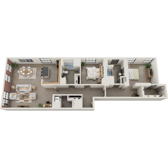 A two bedroom two bathroom floor plan image
