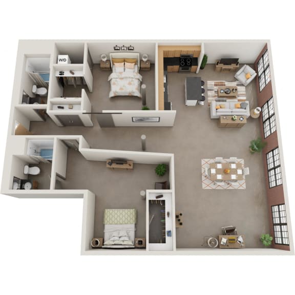 A two bedroom two bathroom floor plan image