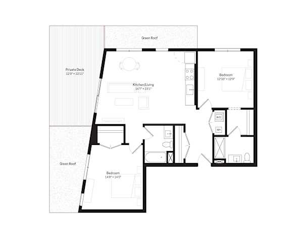 Two-bedroom, two-bath penthouse floor plan
