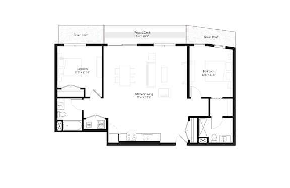 Three-bedroom, two-bath penthouse floor plan