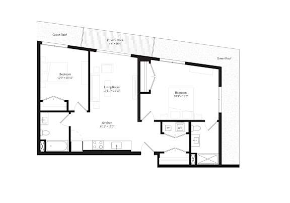 A floor plan of a house with a green roof and a private deck.