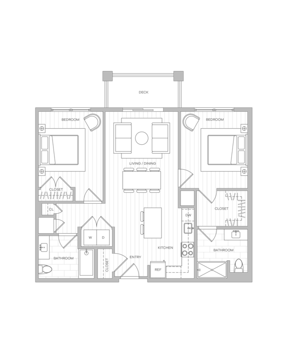Two-bedroom floor plan image with two full baths, balcony, and combined living-dining space