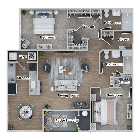 A floor plan of a house with a living room, kitchen, two bedrooms, two bathrooms, and a patio.