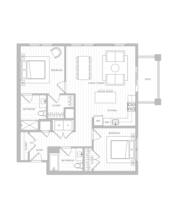 Two-bedroom floor plan image featuring a kitchen adjacent to the living area and separate dining alcove.