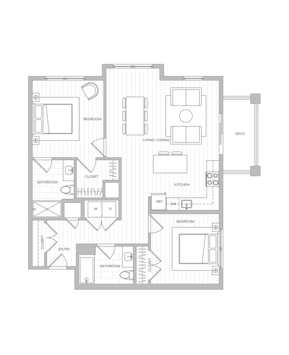 Two-bedroom floor plan image with two full baths and combined living-dining space
