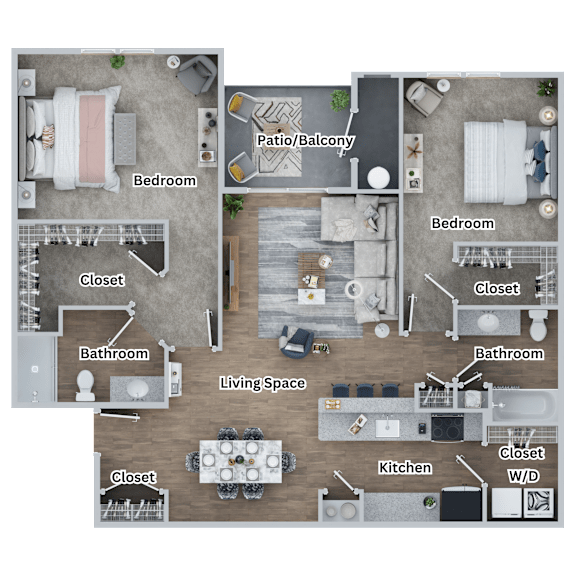 A floor plan of a house showing the layout of the bedrooms, bathrooms, living room, kitchen, and closets.