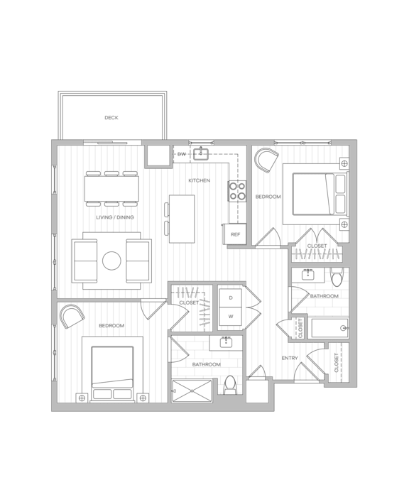 Two-bedroom floor plan image featuring a kitchen adjacent to the living area and separate dining alcove.
