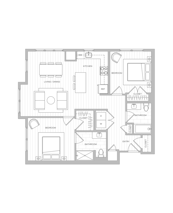 Two-bedroom floor plan image featuring a kitchen adjacent to the living area and separate dining alcove.