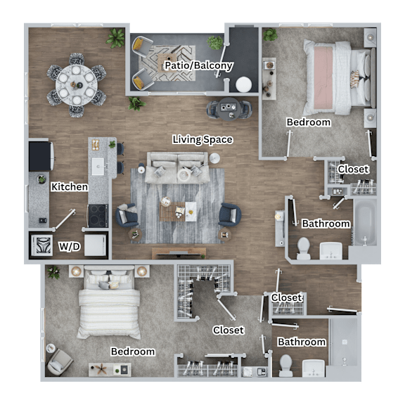 A floor plan of a house with a living space, kitchen, two bedrooms, two bathrooms, a closet, and a patio/balcony.