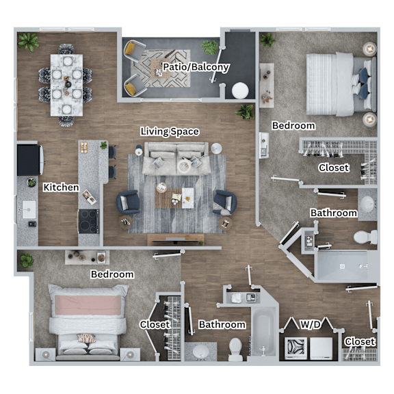 A floor plan of a house showing a kitchen, living room, dining area, and bedrooms.