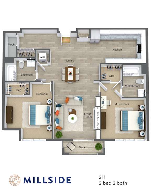 Two-bedroom floor plan with den and two full baths and combined living-dining space.