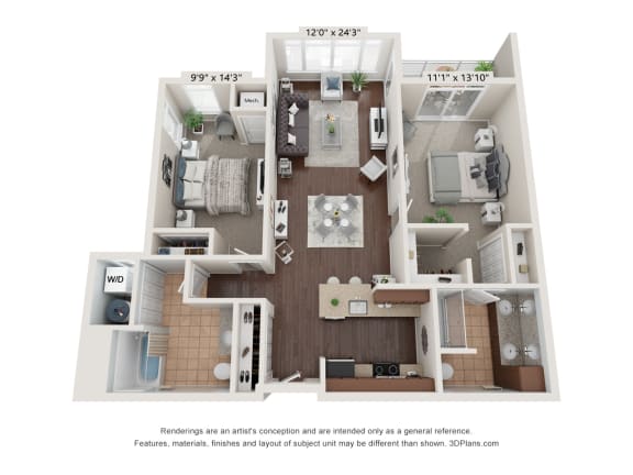 a 3d floor plan of a 1 bedroom apartment