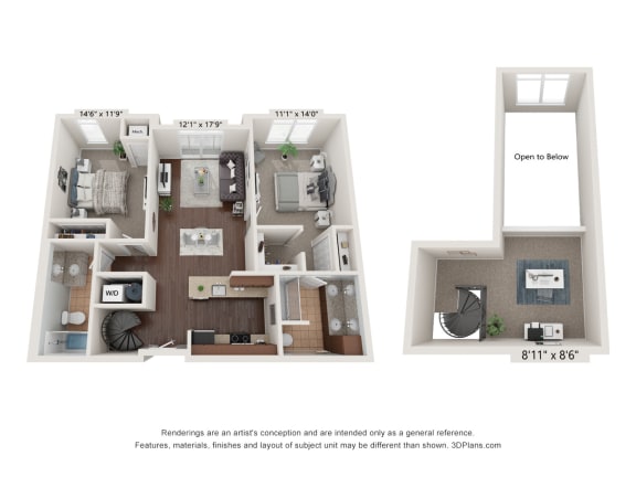 a 3d floor plan of a 1 bedroom apartment