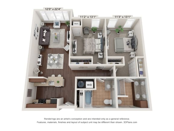 a 3d floor plan of a 2 bedroom apartment