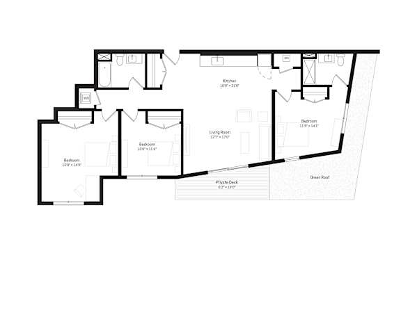Three-bedroom, two-bath penthouse floor plan