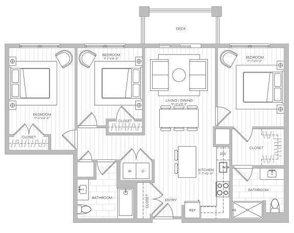 Three-bedroom floor plan with balcony image centered around a kitchen island with adjoining living and dining areas.