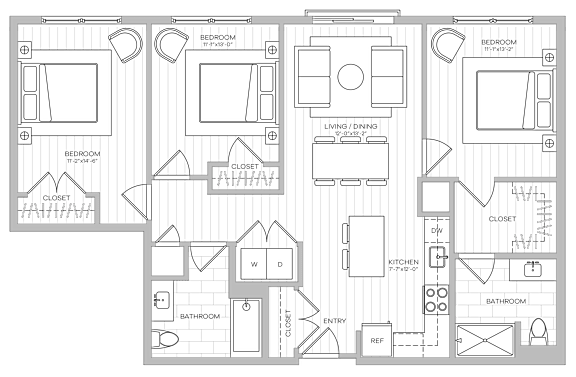 Three-bedroom floor plan with Juliette balcony image centered around a kitchen island with adjoining living and dining areas.