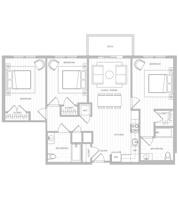 Three-bedroom floor plan image centered around a kitchen island with adjoining living and dining areas.