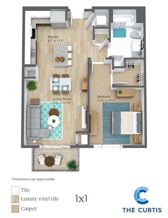 A floor plan of a one bedroom apartment with a living room, kitchen and bathroom.