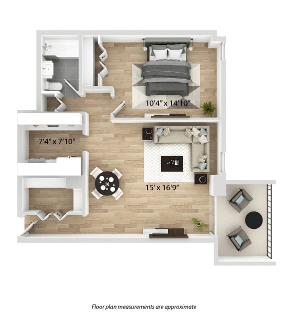 floor plan of a renovated one bedroom apartment at babcock tower