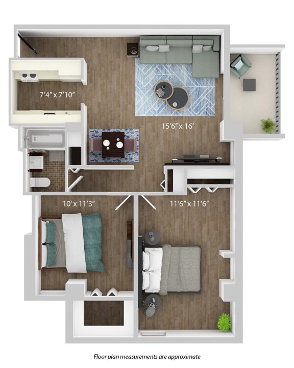 a furnished floor plan with a bedroom and a living room
