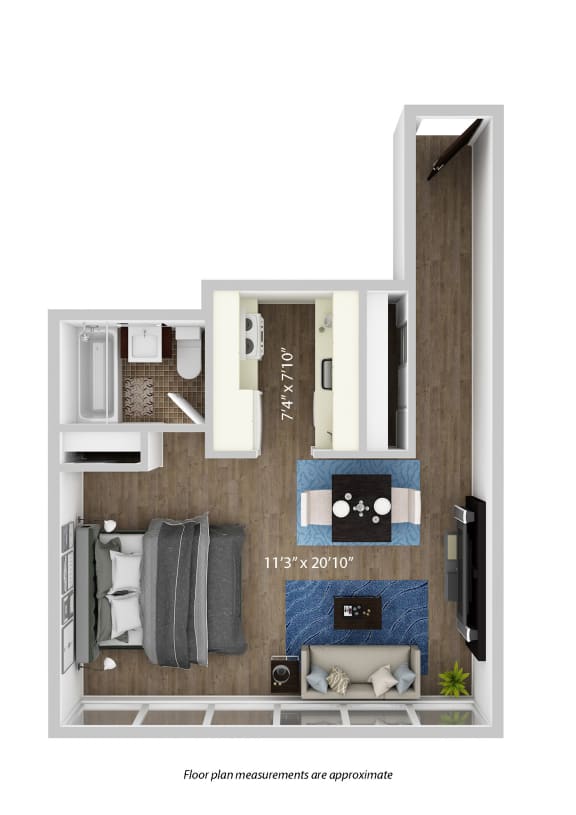 a stylized floor plan of a studio apartment