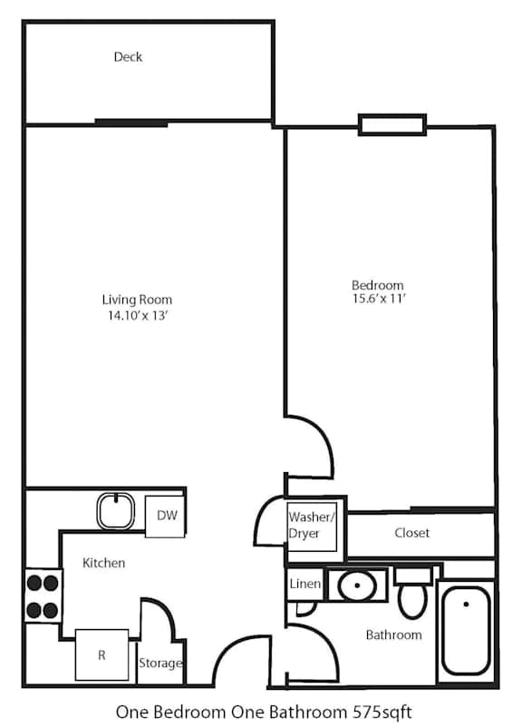 Floor Plan  A black and white image of a floor plan for a one bedroom one bathroom apartment.