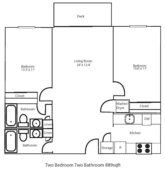 A floor plan of a two bedroom, two bathroom apartment.