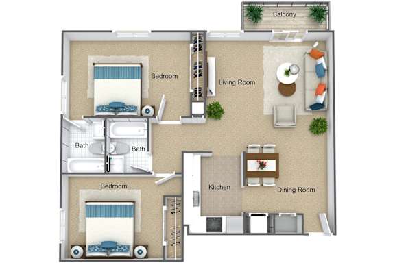 A floor plan of a house with two bedrooms, a living room, a kitchen, a dining room, and a balcony.