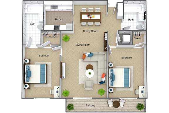 Floor Plan  A floor plan of a house with two bedrooms, a living room, a kitchen, a bathroom, a dining room, and a balcony.