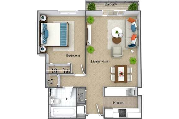 A floor plan of a house with a bedroom, living room, kitchen, and bathroom.