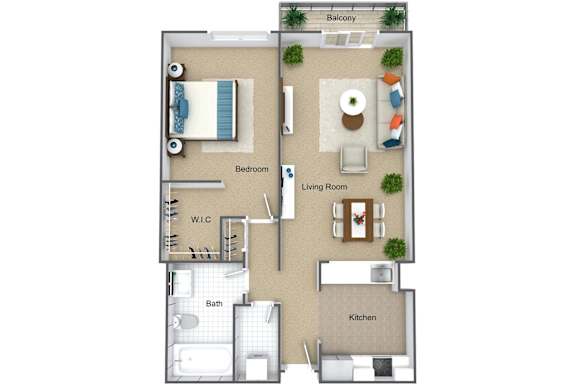 Floor Plan  A floor plan of an apartment with a living room, kitchen, bathroom, and bedroom.