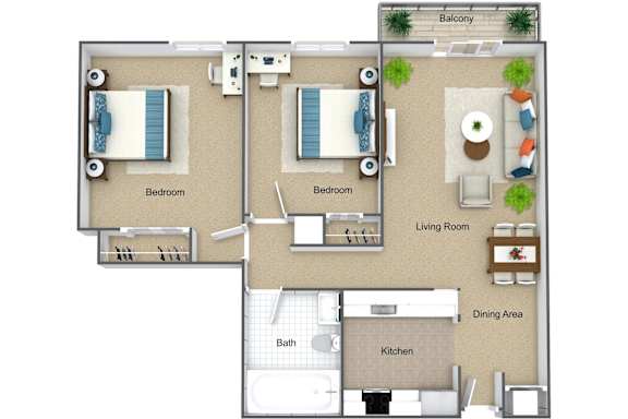 Floor Plan  A floor plan of an apartment with two bedrooms, a living room, a dining area, a kitchen, and a bathroom.
