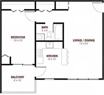 A floor plan of a small apartment with a bedroom, kitchen, living/dining area, and balcony.