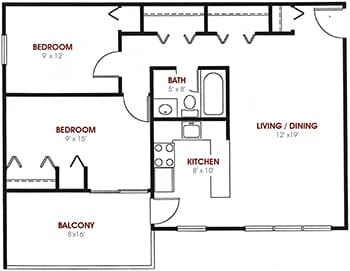A floor plan of a home with a living room, dining room, kitchen, two bedrooms, and a balcony.