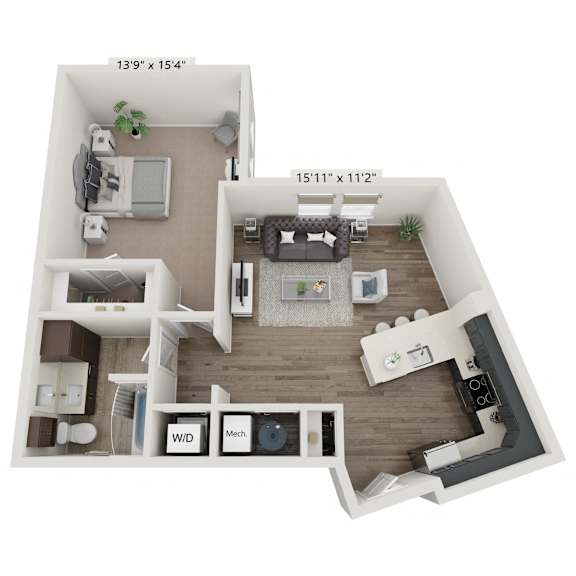 A 3D floor plan of a two-bedroom apartment with a living room, kitchen, and bathroom.