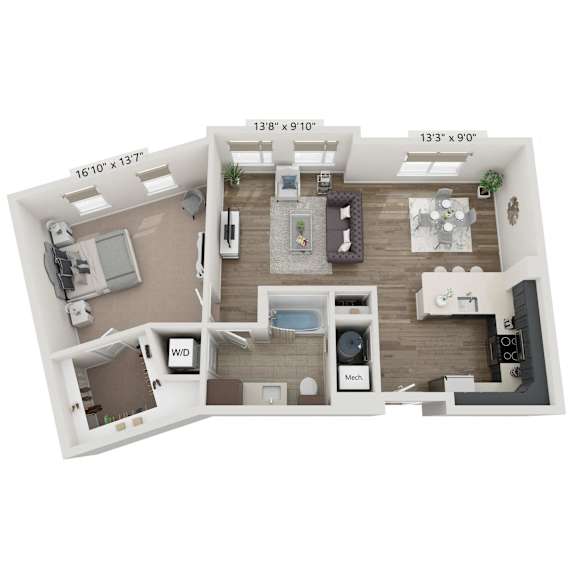 A 3D floor plan of a house showing the layout of the rooms.